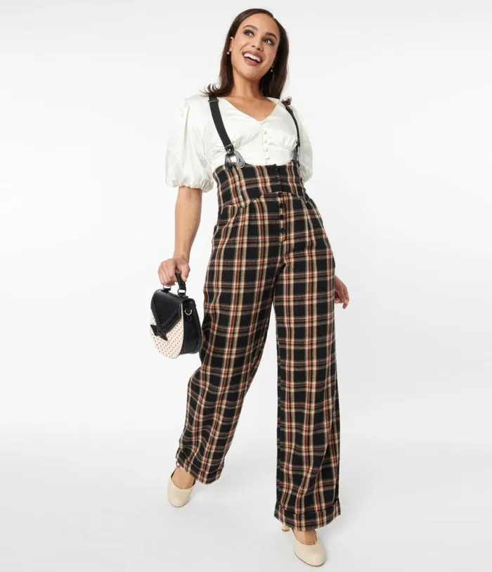 1930s Black and Auburn Plaid Thelma Suspender Pants ClothingPlus Unique Vintage Pants