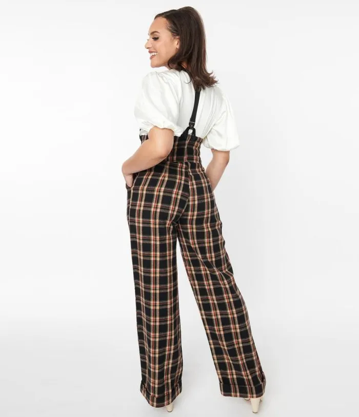 1930s Black and Auburn Plaid Thelma Suspender Pants ClothingPlus Unique Vintage Pants