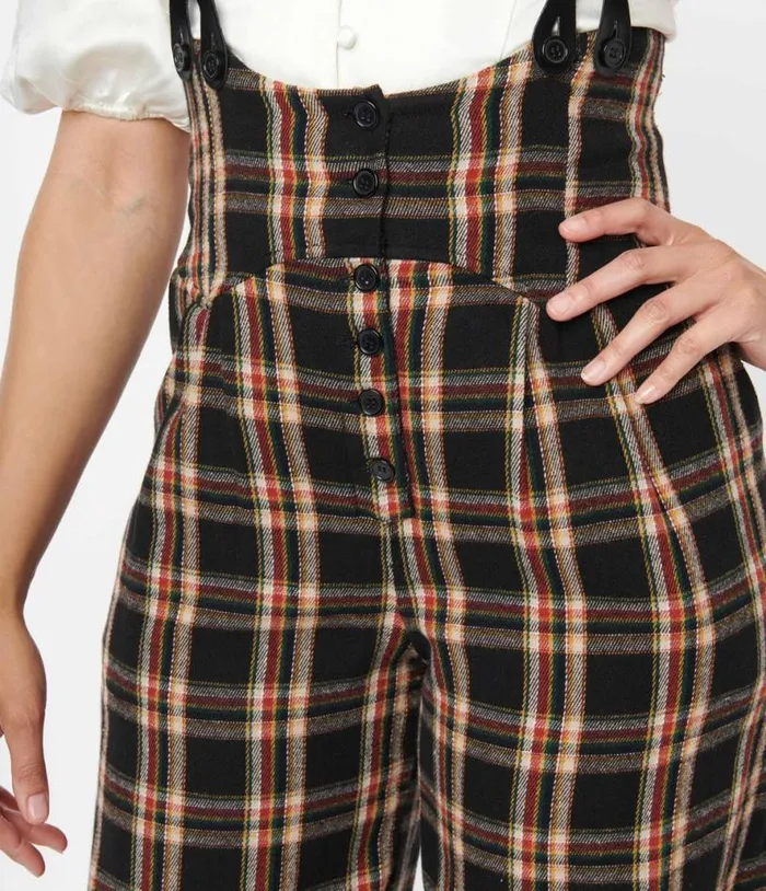 1930s Black and Auburn Plaid Thelma Suspender Pants ClothingPlus Unique Vintage Pants