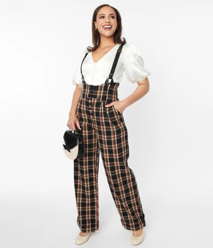 1930s Black and Auburn Plaid Thelma Suspender Pants ClothingPlus Unique Vintage Pants