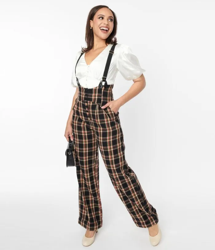 1930s Black and Auburn Plaid Thelma Suspender Pants ClothingPlus Unique Vintage Pants