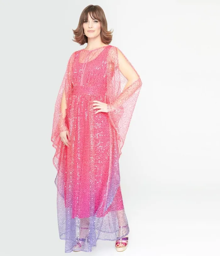 1970s Sheer Pink and Purple Ombre Sequin Flutter Sleeve Caftan DressesPlus Unique Vintage Maxi 1970s Sheer Pink and Purple Ombre Sequin Flutter Sleeve Caftan DressesPlus Unique Vintage Maxi