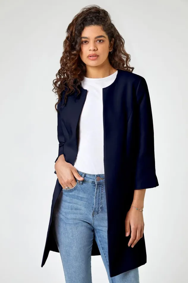 34 Sleeve Textured Longline Jacket Women Roman Occasionwear