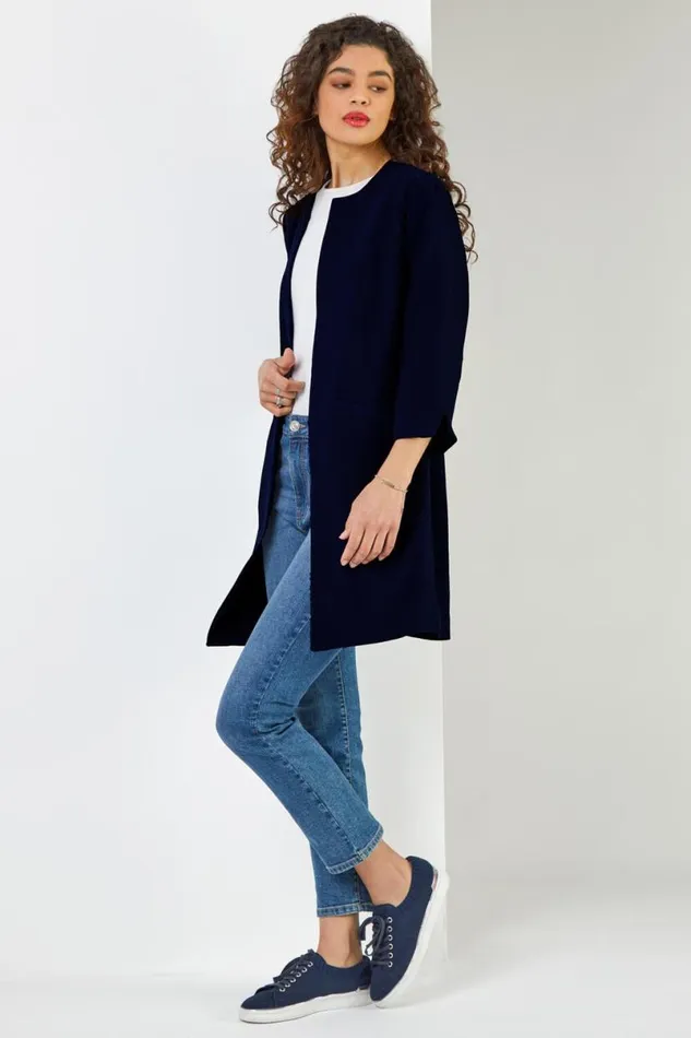 34 Sleeve Textured Longline Jacket Women Roman Occasionwear