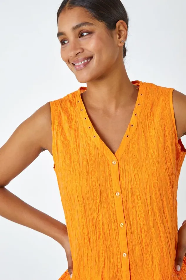Amber Embroidered Sleeveless Crinkle Blouse Women Roman Tops