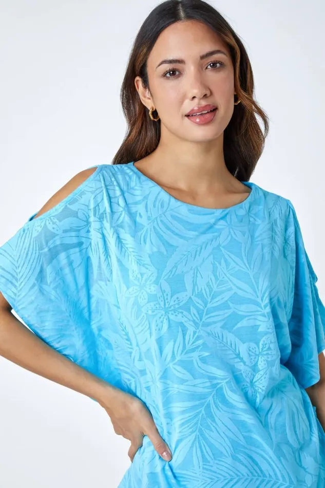 Aqua Burnout Tropical Leaf Overlay Top Women Roman Tops