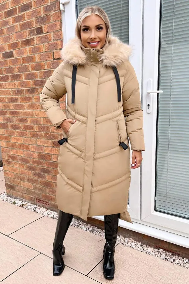 AX Paris Biscuit Faux Fur Trim Hooded Puffer Coat Coats and Jackets