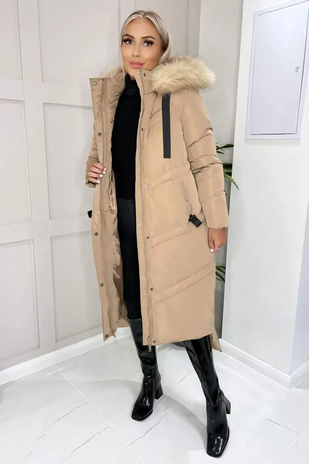 AX Paris Biscuit Faux Fur Trim Hooded Puffer Coat Coats and Jackets