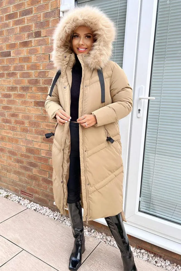 AX Paris Biscuit Faux Fur Trim Hooded Puffer Coat Coats and Jackets