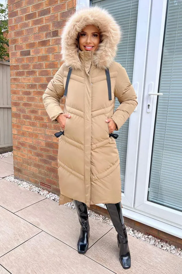 AX Paris Biscuit Faux Fur Trim Hooded Puffer Coat Coats and Jackets