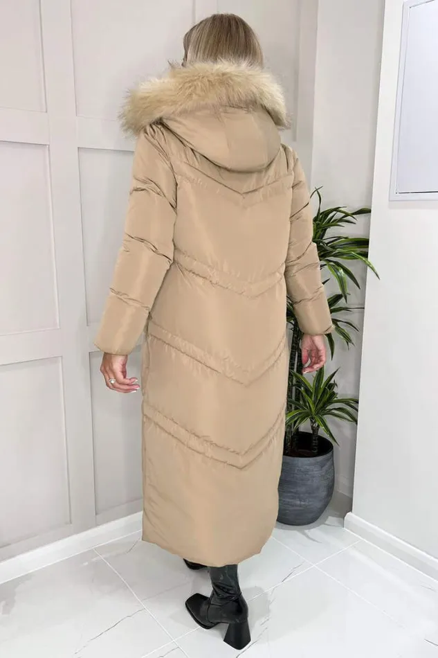 AX Paris Biscuit Faux Fur Trim Hooded Puffer Coat Coats and Jackets