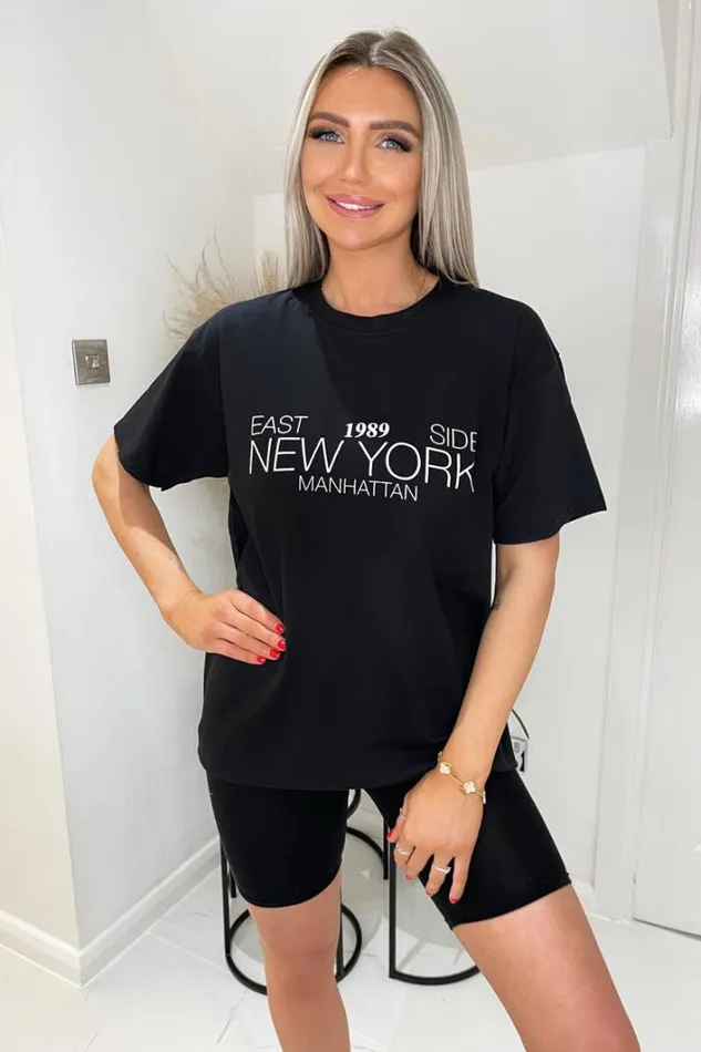 AX Paris Black 1989 New York Slogan TShirt Tops