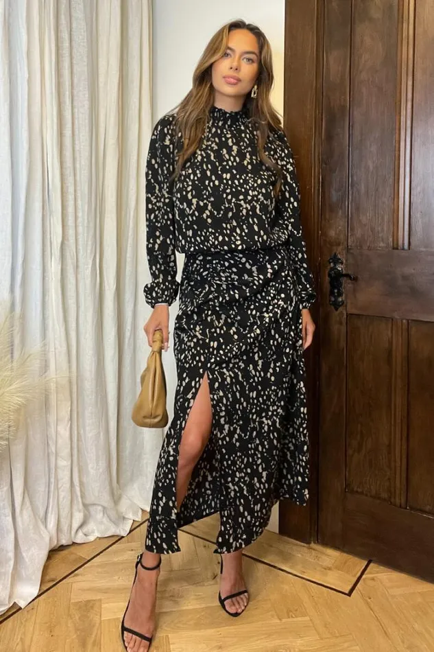 AX Paris Black And Beige Printed High Neck Split Skirt Midi Dress Dresses