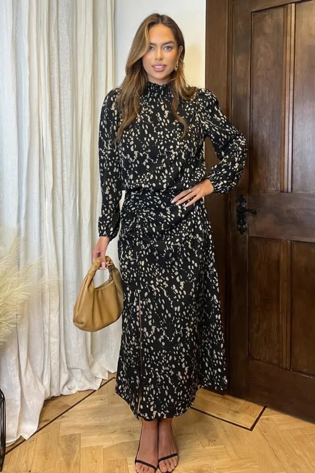 AX Paris Black And Beige Printed High Neck Split Skirt Midi Dress Dresses