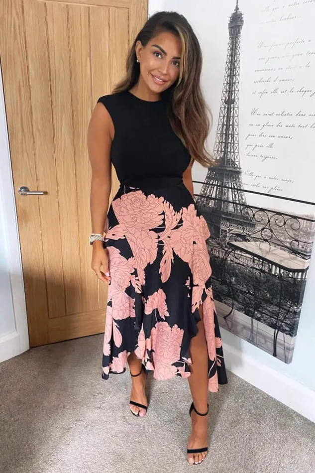 AX Paris Black And Blush Floral Print 2 In 1 Midi Dress Wedding Guest Dresses