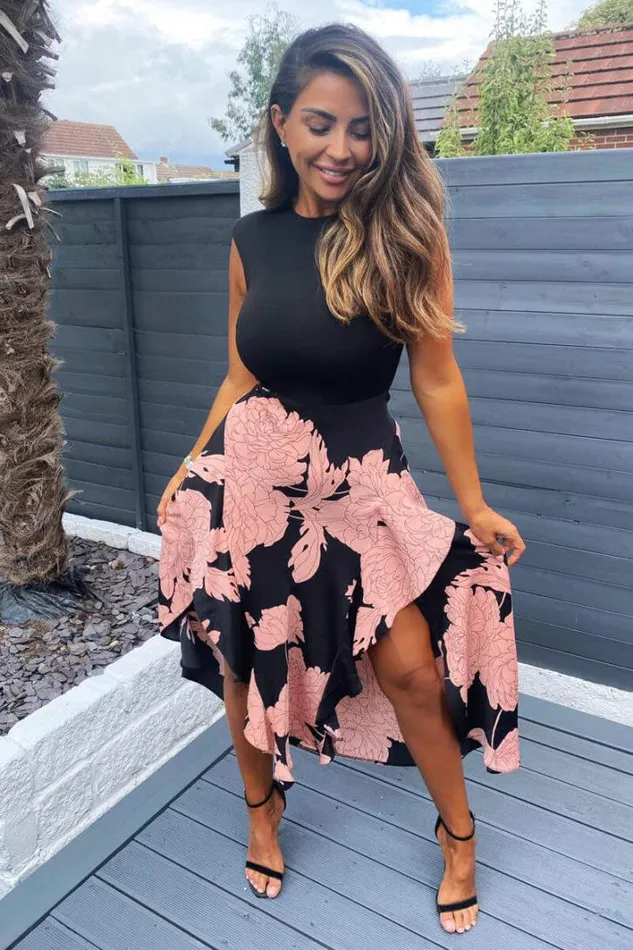 AX Paris Black And Blush Floral Print 2 In 1 Midi Dress Wedding Guest Dresses