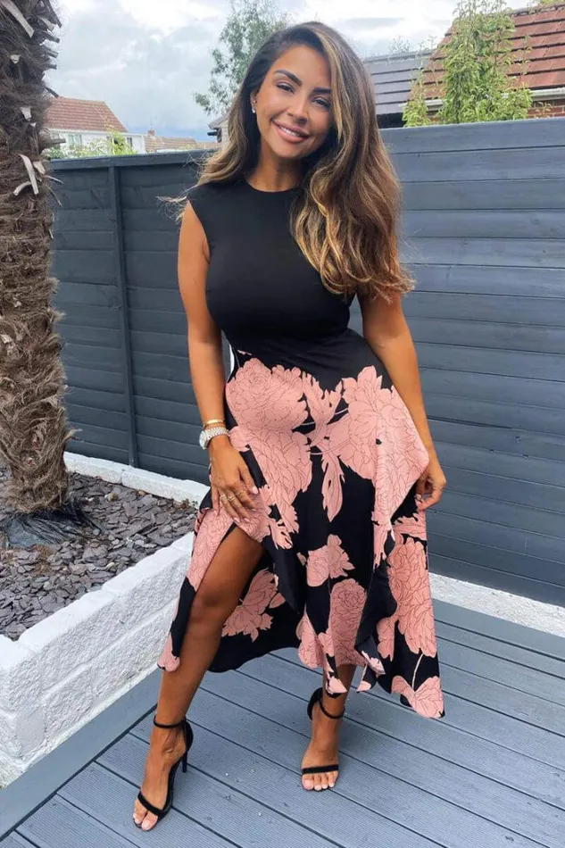 AX Paris Black And Blush Floral Print 2 In 1 Midi Dress Wedding Guest Dresses
