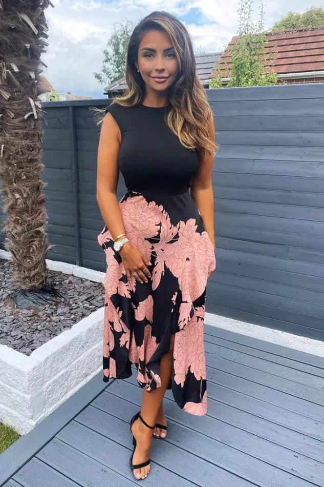 AX Paris Black And Blush Floral Print 2 In 1 Midi Dress Wedding Guest Dresses