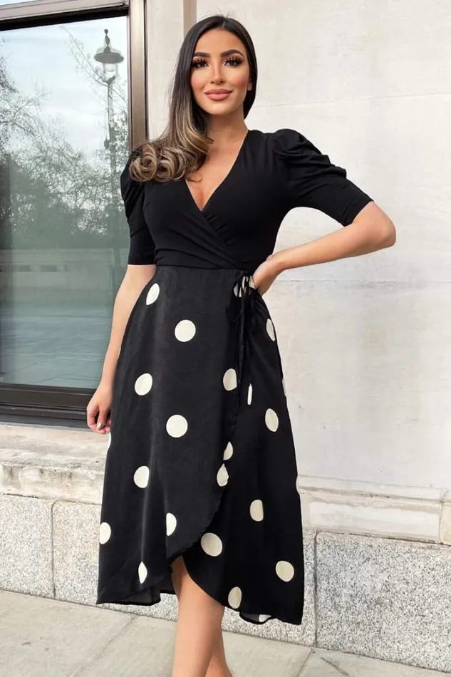 AX Paris Black And Cream Polka Dot 2 In 1 Wrap Over Midi Dress Dresses