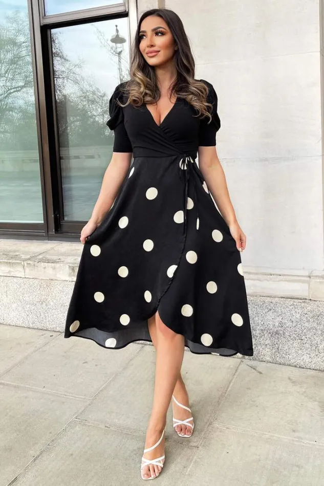 AX Paris Black And Cream Polka Dot 2 In 1 Wrap Over Midi Dress Dresses