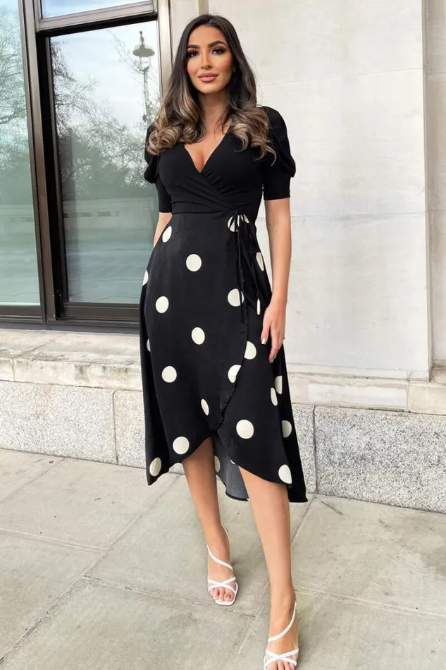 AX Paris Black And Cream Polka Dot 2 In 1 Wrap Over Midi Dress Dresses