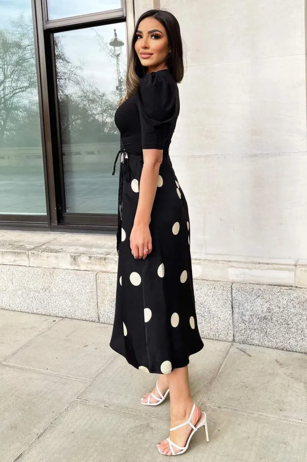 AX Paris Black And Cream Polka Dot 2 In 1 Wrap Over Midi Dress Dresses