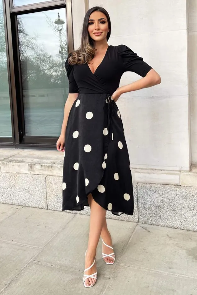 AX Paris Black And Cream Polka Dot 2 In 1 Wrap Over Midi Dress Dresses