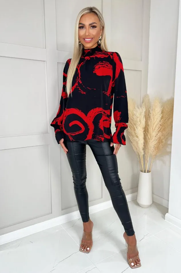 AX Paris Black And Red Printed Long Sleeve Shirred Detail Top Tops