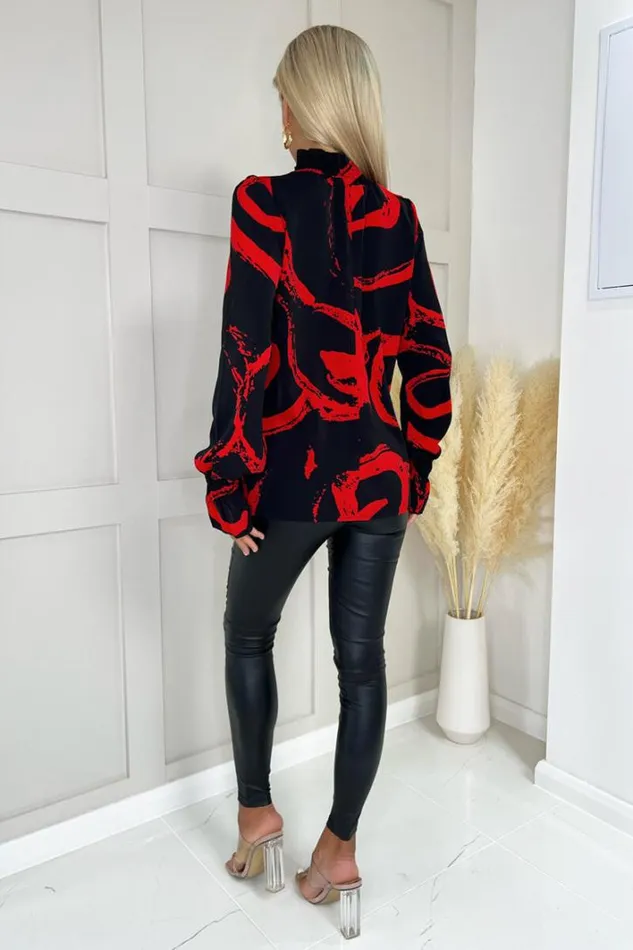 AX Paris Black And Red Printed Long Sleeve Shirred Detail Top Tops