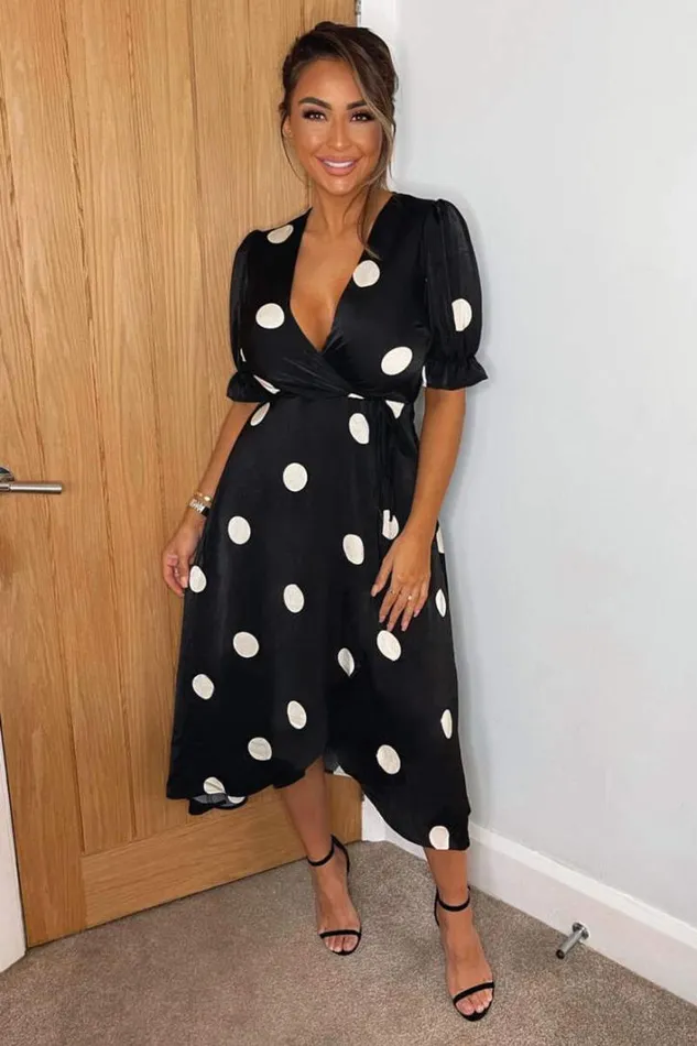 AX Paris Black And Stone Polka Dot Wrap Side Tie Midi Dress Dresses