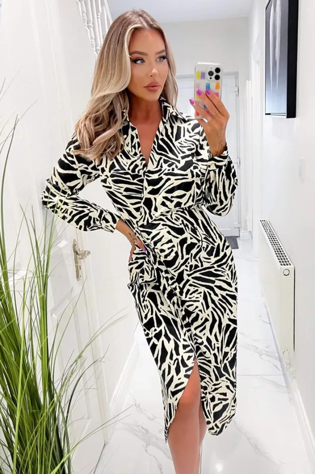 AX Paris Black And Stone Printed Midi Wrap Dress Dresses