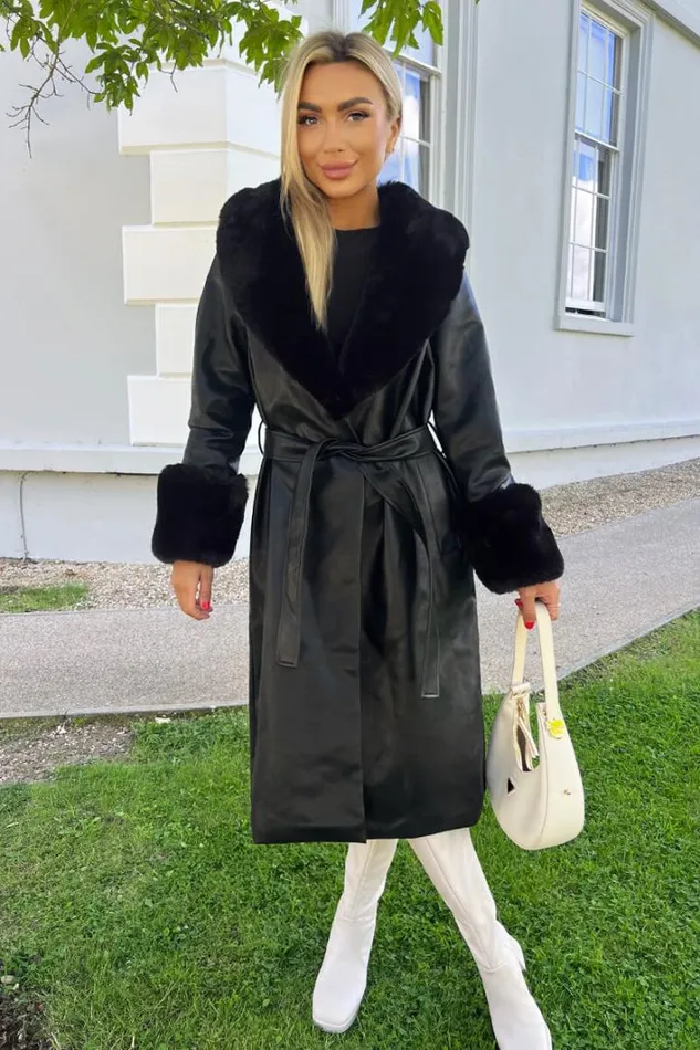 AX Paris Black Faux Fur Trim Leather Look Long Coat Coats and Jackets