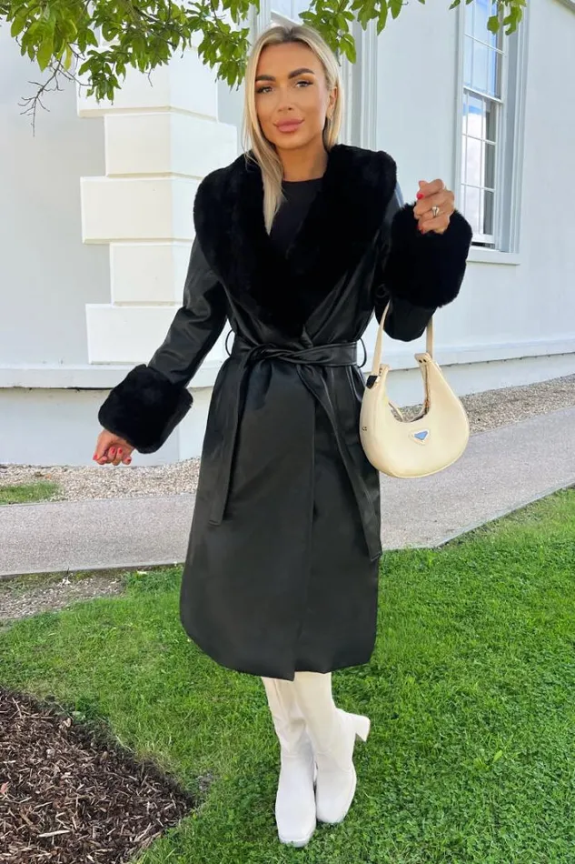 AX Paris Black Faux Fur Trim Leather Look Long Coat Coats and Jackets