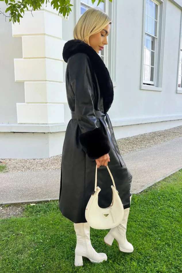 AX Paris Black Faux Fur Trim Leather Look Long Coat Coats and Jackets