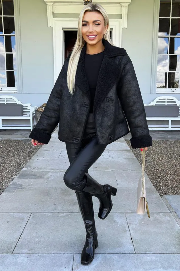 AX Paris Black Faux Shearling Coat Coats and Jackets