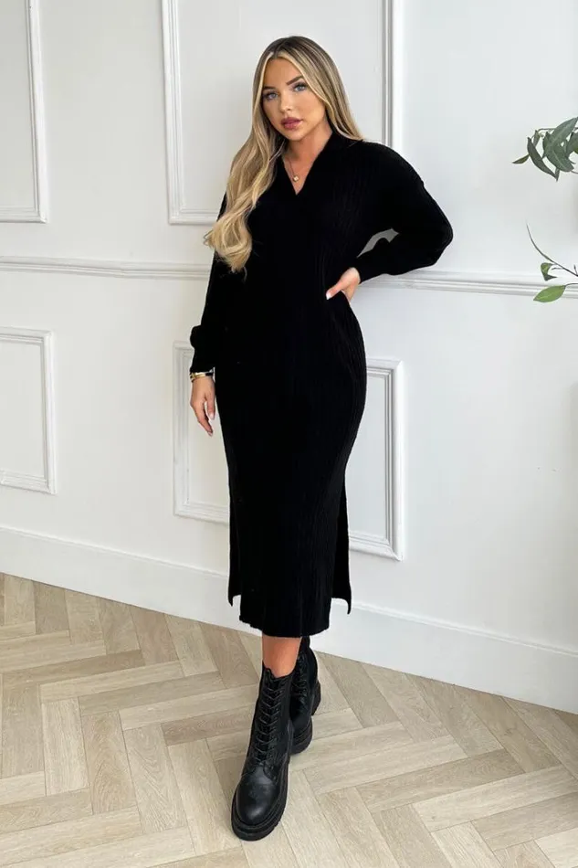 AX Paris Black Knit Long Sleeve Collared Midi Dress Dresses