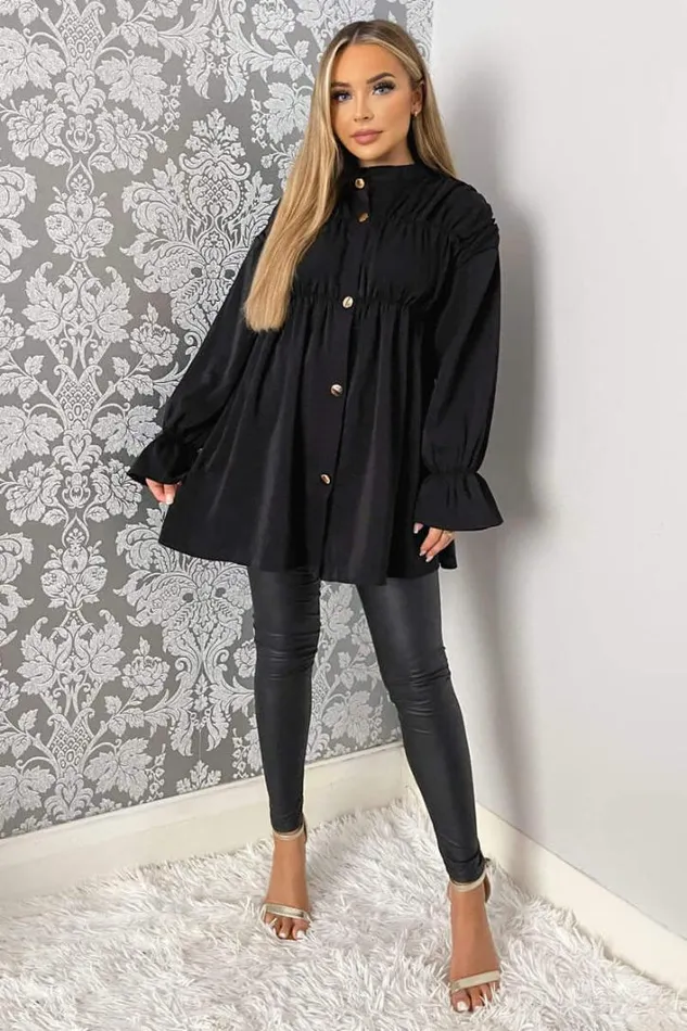 AX Paris Black Long Sleeve Gathered Detail Button Up Top Tops