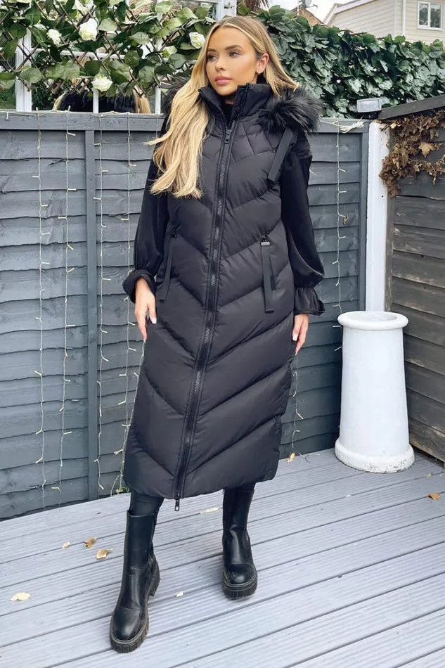 AX Paris Black Longline Faux Fur Hooded Gilet Coats and Jackets