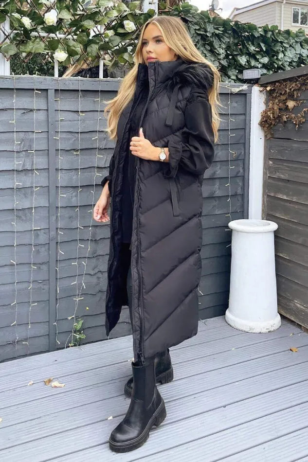 AX Paris Black Longline Faux Fur Hooded Gilet Coats and Jackets