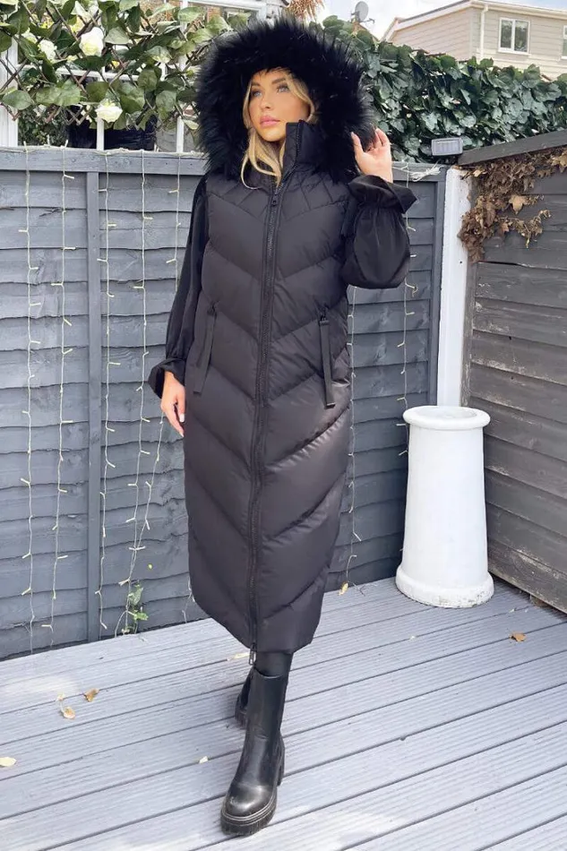 AX Paris Black Longline Faux Fur Hooded Gilet Coats and Jackets