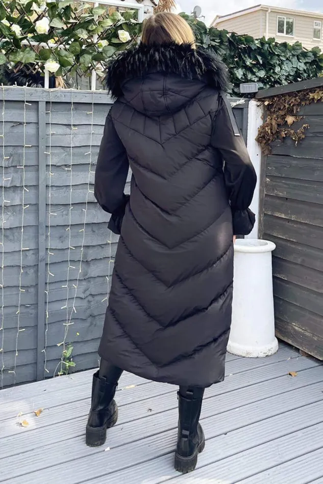 AX Paris Black Longline Faux Fur Hooded Gilet Coats and Jackets