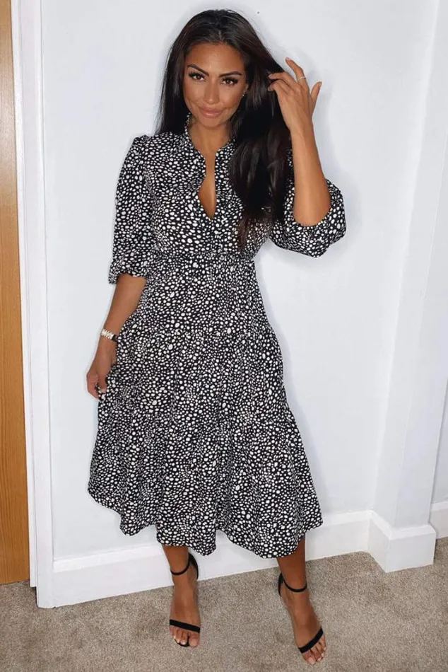 AX Paris Black Printed Button Up Swing Midi Dress Midi Dresses