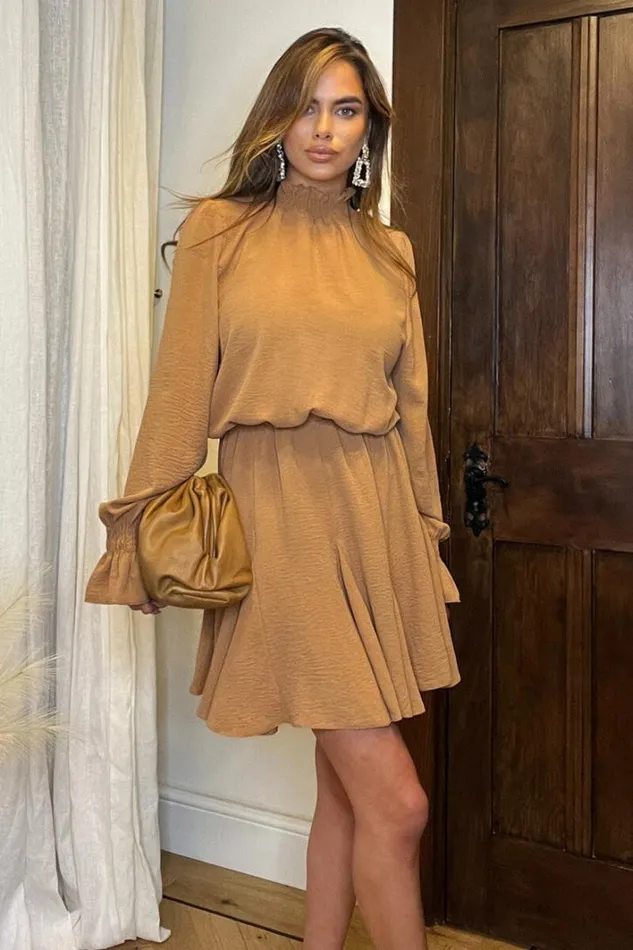 AX Paris Camel High Neck Shirred Detail Skater Dress Dresses