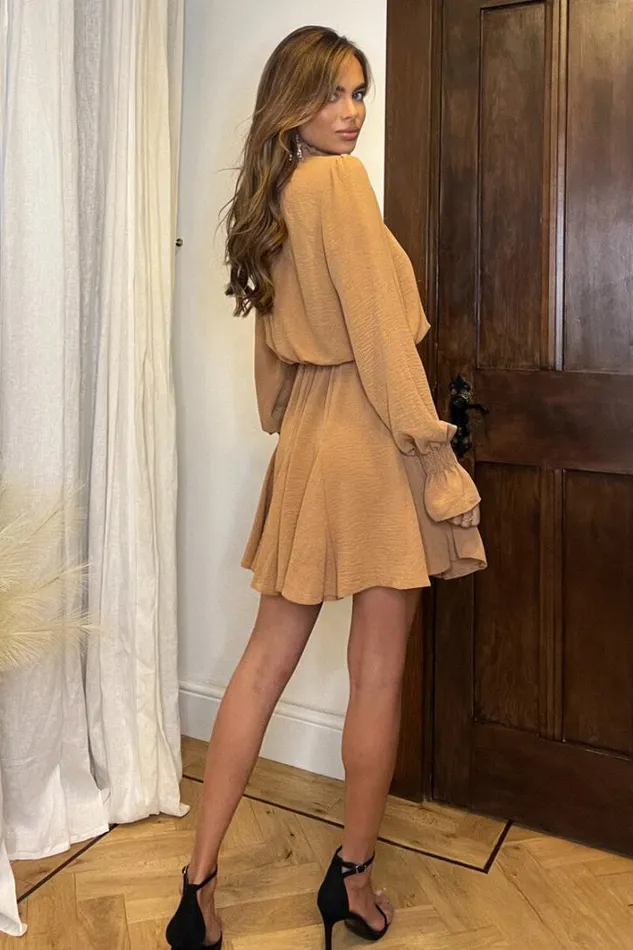 AX Paris Camel High Neck Shirred Detail Skater Dress Dresses