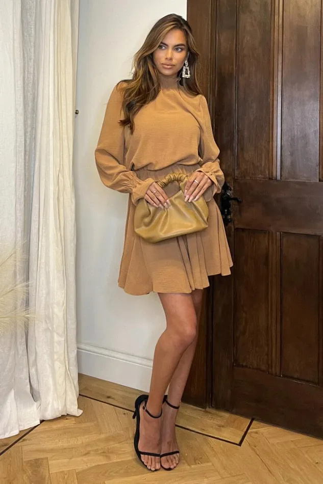 AX Paris Camel High Neck Shirred Detail Skater Dress Dresses
