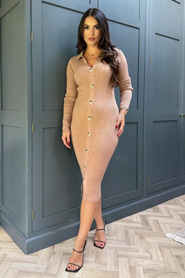 AX Paris Camel Knitted Button Front Midi Dress Dresses