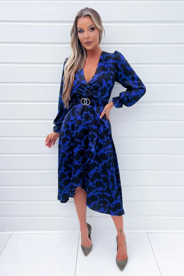 AX Paris Cobalt And Black Print Long Sleeve Belted Wrap Midi Dress Dresses