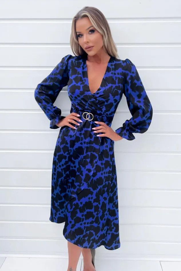 AX Paris Cobalt And Black Print Long Sleeve Belted Wrap Midi Dress Dresses