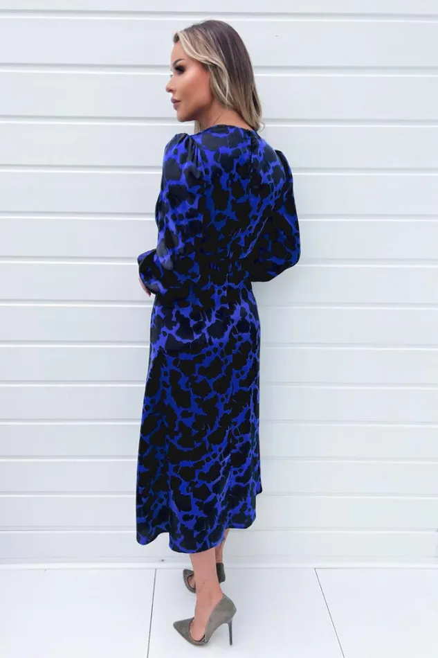 AX Paris Cobalt And Black Print Long Sleeve Belted Wrap Midi Dress Dresses