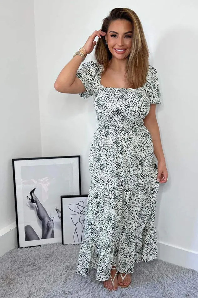 AX Paris Cream And Green Printed Elasticated Midi Smock Dress Dresses